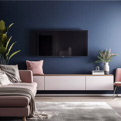 A stylish living room with a large blue wall a pink sofa and a white TV stand
