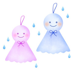 ふんわりブルーとピンクのてるてる坊主と雨粒のセットイラスト