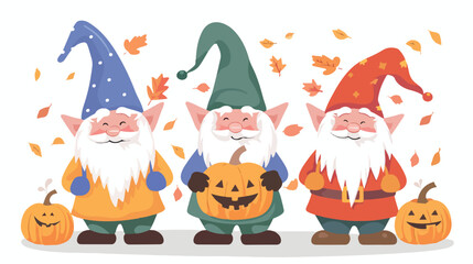 Cartoon gnomes holding a pumpkin flat vector