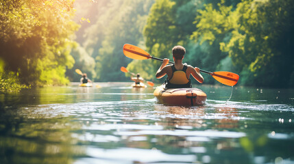 A man in a yellow life jacket paddles a kayak down a river