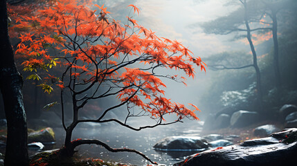autumn forest in the morning,a tree with red leaves in the background,Mysterious forest in the blue autumn mist Charming tree with orange-red leaves, colorful landscape. - obrazy, fototapety, plakaty