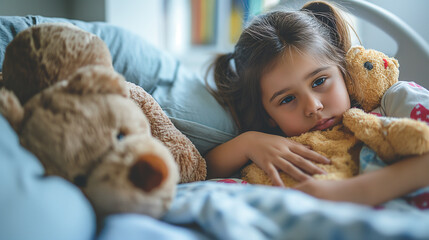 A young girl is laying in bed with two stuffed bears, sick girl - obrazy, fototapety, plakaty