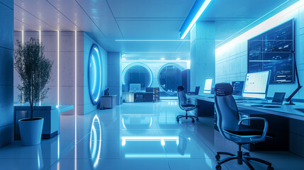 A futuristic office with a large circular window and blue walls