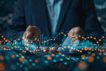 Businessman holding stock market graphic, networking, and data analytics connection, network.