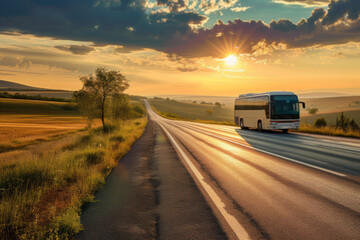 Sunset Journey: Bus Travelling Along a Rural Road at Dusk
