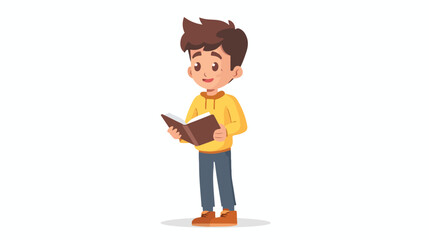 Cartoon little boy standing and read a book flat vector