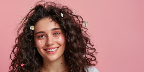 A banner with a curly-haired smiling young brunette, surrounded by flower petals and petals on her face, on a solid background. Petal decoration, close-up, copyspace, bokeh in the background. - obrazy, fototapety, plakaty