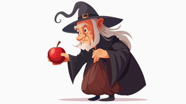 Cartoon old witch holding red apple flat vector isolated