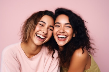 Two Women Laughing Together on Pink Background