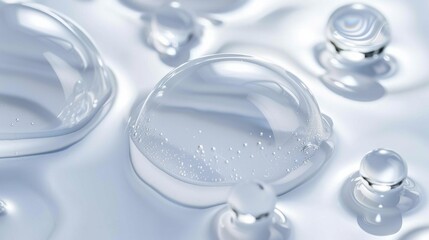  A mesmerizing close-up of glistening drops of hydrating serum on a pristine white background
