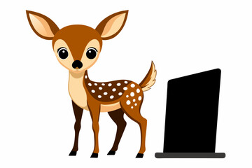 Cute fawn beside wooden sign silhouette black vector illustration