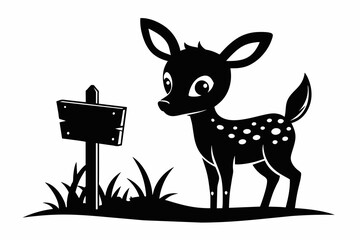 Cute fawn beside wooden sign silhouette black vector illustration