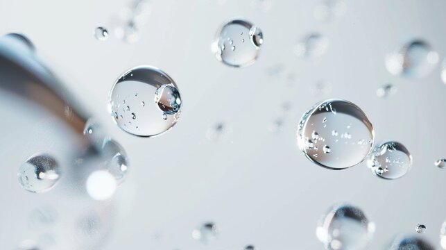  A mesmerizing close-up of glistening drops of hydrating serum on a pristine white background
