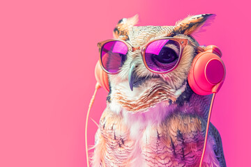 cute owl listens to music with fashion sunglasses