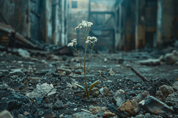 Generate an image of a delicate plant with tiny flowers emerging from the cracks of an abandoned industrial complex, reclaiming forgotten spaces with beauty - obrazy, fototapety, plakaty