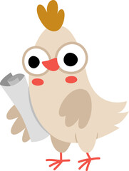 Vector hen engineer with blueprint. Construction site worker illustration for kids. Funny builder chicken character with plan. Cute bird repairmen icon isolated on white background.