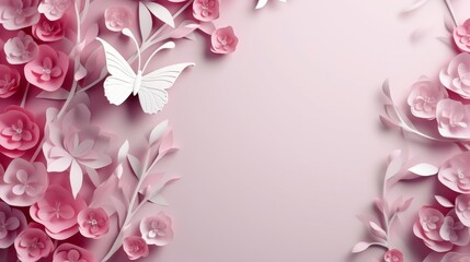 Pink Background With Paper Flowers and Butterfly