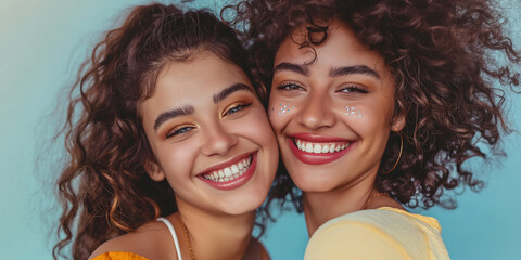 A banner with two curly-haired smiling young brunettes, with large rhinestones on their faces, on a solid background. Crystal decoration, close-up, copyspace, bokeh in the background. - obrazy, fototapety, plakaty