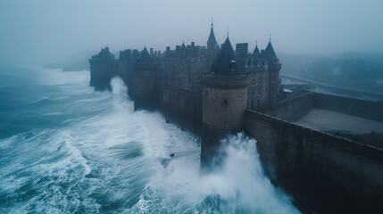 Ocean waves crashing against a town in Normandy.