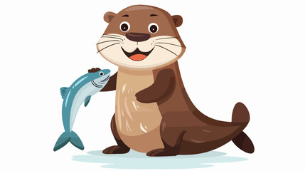 Cartoon smiling otter holding fish flat vector 