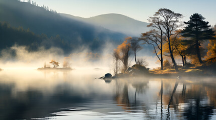 misty morning on the lake,a sunrise with a mountain in the background,sunrise over the foggy...