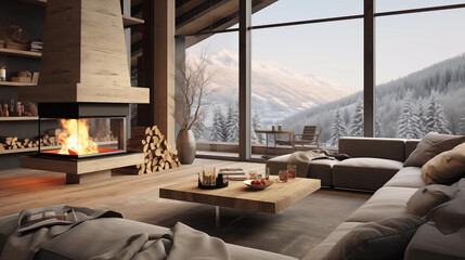 Intérieur d'un salon de chalet cosy et chaleureux à la montagne. Intérieur en bois, décoration simple et luxueuse. Hiver, neige, paysage. Architecture. Pour conception et création graphique.