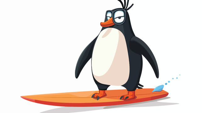 Cartoon surfing penguin flat vector isolated on white
