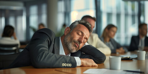 Geschäftsmann schläft im Meeting - obrazy, fototapety, plakaty
