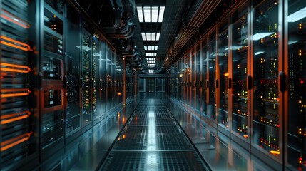 Shot of Corridor in Working Data Center Full of Rack Servers and Supercomputers with High Internet Visualisation Projection.