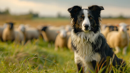 A watchful sheepdog, with a flock of sheep grazing in a field as the backdrop, during herding duty - obrazy, fototapety, plakaty