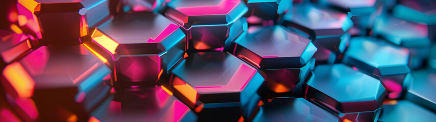 Hexagon background with colorful light effects, banner, created with generative AI technology 