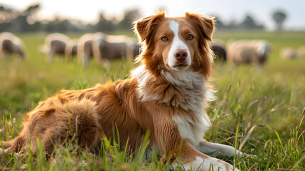 A watchful sheepdog, with a flock of sheep grazing in a field as the backdrop, during herding duty