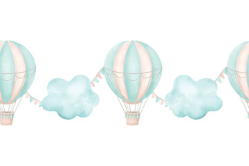 Air balloon, clouds, seamless border, watercolor. Vector illustration in pastel colors for cards, invitations, childrens room design, websites, printing on fabric.