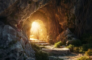 Cave with an open stone in front of the entrance, light coming through the entrance, a biblical scene, the resurrection of Christ - obrazy, fototapety, plakaty