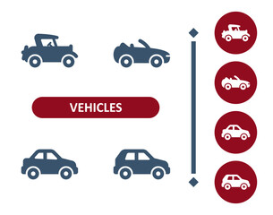 Vehicles icons. Vehicle, cars, antique, classic car, convertible, sedan, hatchback icon - obrazy, fototapety, plakaty