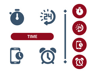 Time icons. Deadline, schedule, clock, appointment, timer, stopwatch, around the clock, 24 hours, smartphone, alarm clock icon