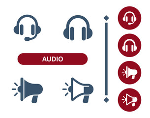 Audio icons. Sound, headphones, headset, megaphone, bullhorn, loudspeaker icon