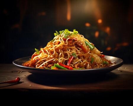 A close-up of Hakka noodles stir-fried with vegetables, garnished with spring onions, served in a black bowl on a wooden board. Generative AI