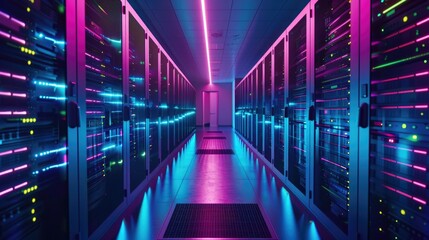 Fototapeta premium Shot of Corridor in Working Data Center Full of Rack Servers and Supercomputers with High Internet Visualisation Projection.