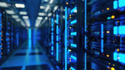 Shot of Corridor in Working Data Center Full of Rack Servers and Supercomputers with High Internet Visualisation Projection.