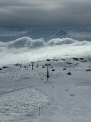 Aerial drone view of Gudauri ski resort in winter. Caucasus mountains in Georgia.  Kudebi, Bidara,...