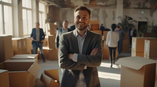 A handsome smiling middle-aged businessman stands with his arms crossed and looks at the camera, behind him is an office space filled with boxes and busy working people, a small business