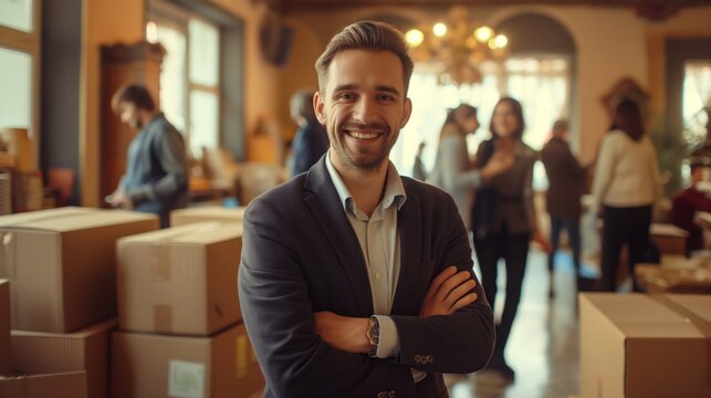 A handsome smiling middle-aged businessman stands with his arms crossed and looks at the camera, behind him is an office space filled with boxes and busy working people, a small business