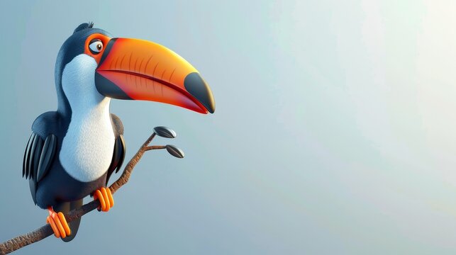 A cartoon bird is perched on a branch. The bird is orange and black. The background is blue