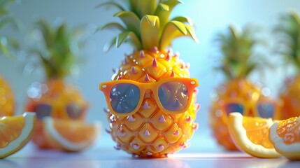Fototapeta premium A pineapple wearing sunglasses is the main focus of the image. The other fruits, such as oranges, are placed around the pineapple, creating a colorful and playful scene. Scene is lighthearted and fun