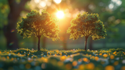 Arbor Day Radiance: Vibrant spring illustration bathed in warm sunshine celebrates nature's beauty.