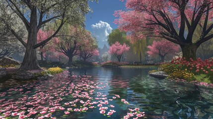 A beautiful scene of a river with pink flowers and trees