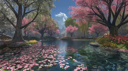 Gartenposter Grau 2 A beautiful scene of a river with pink flowers and trees
