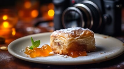 Delicious baked goods with a camera in the background - food photography concept for commercial use
