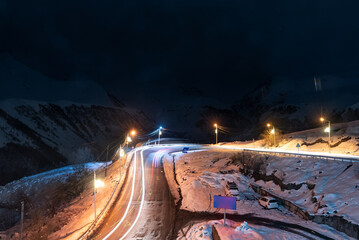 Gudauri ski resort in winter. Caucasus mountains in Georgia at night. Gudauri resort, Caucasian...